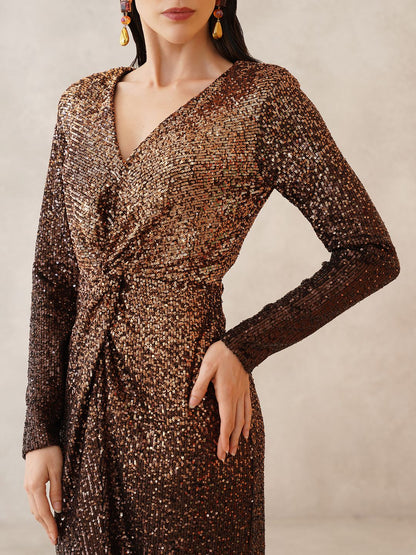 Brown Bodycon V-neck Dress Beatnik