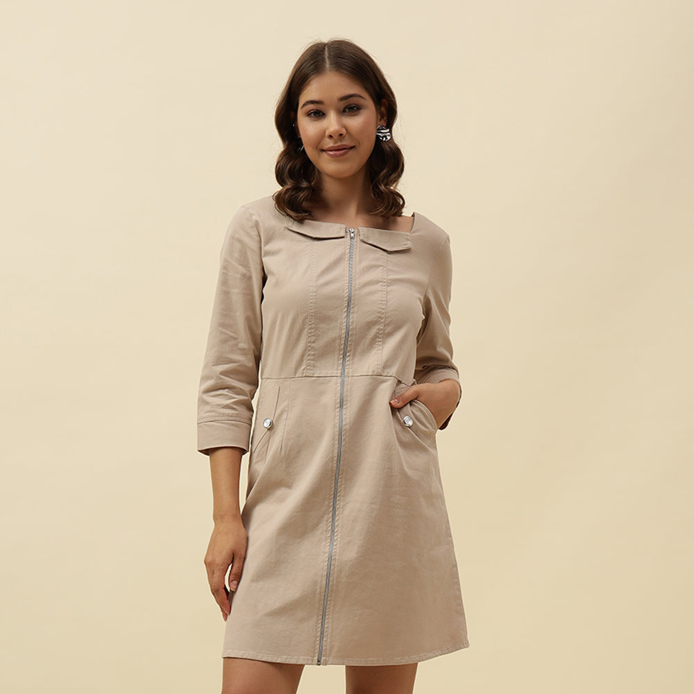 Chic Beige Cotton Blend Mini Blazer Dress – Perfect for Autumn Casual Wear
