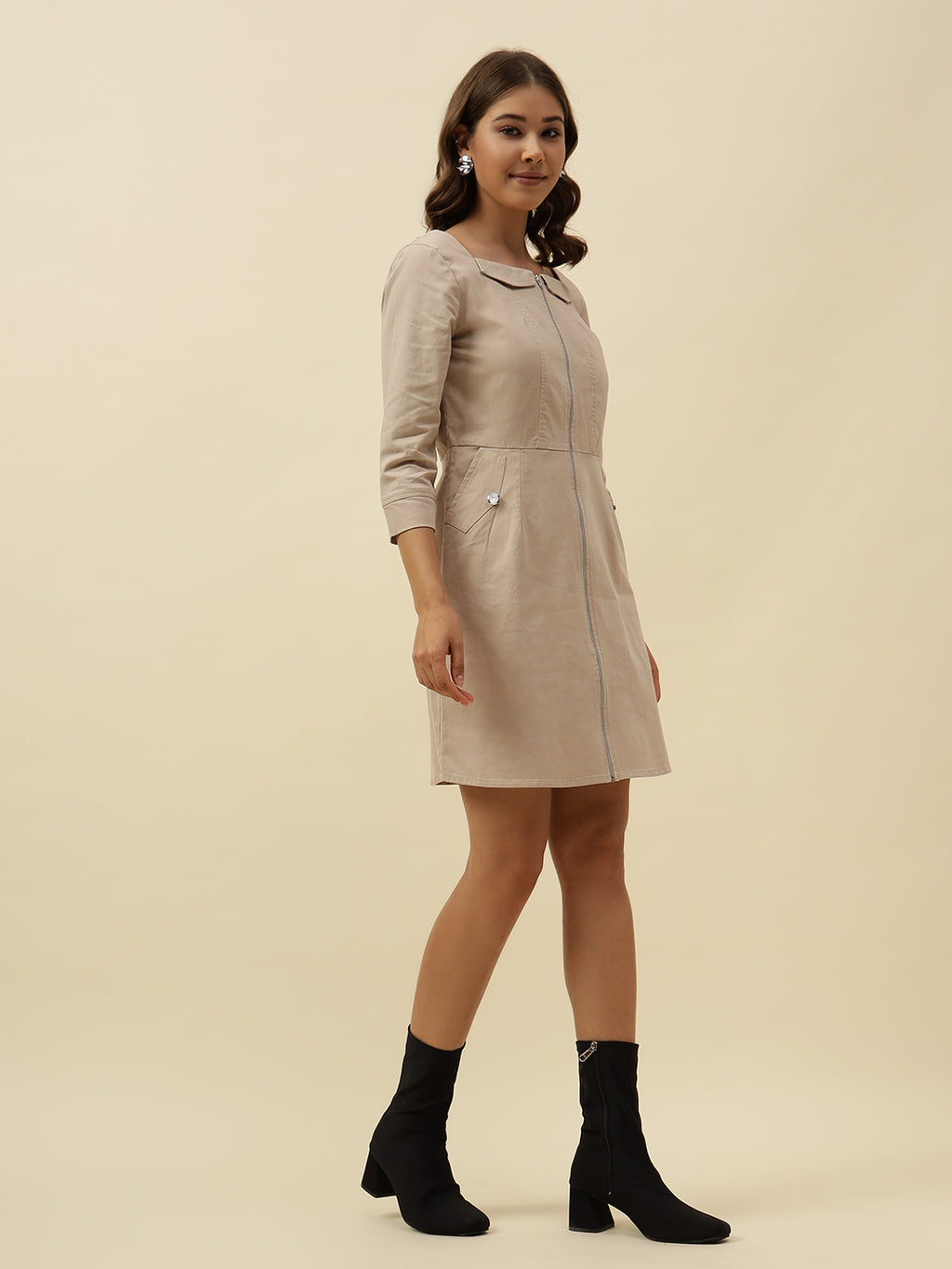 Chic Beige Cotton Blend Mini Blazer Dress – Perfect for Autumn Casual Wear Beatnik