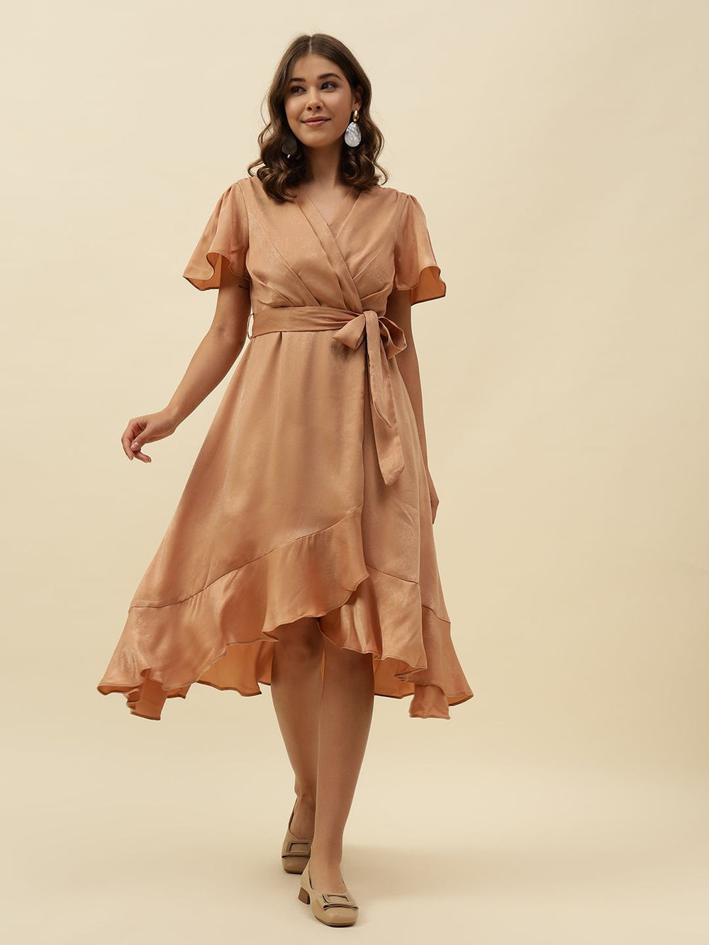 Beige Wrap V-neck Dress Beatnik