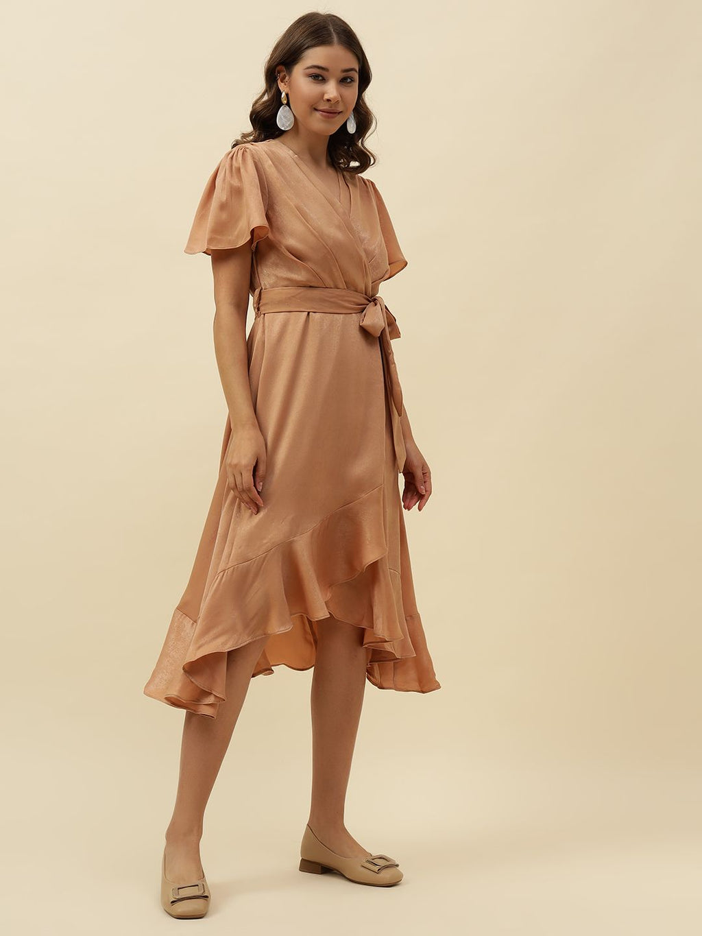 Beige Wrap V-neck Dress Beatnik