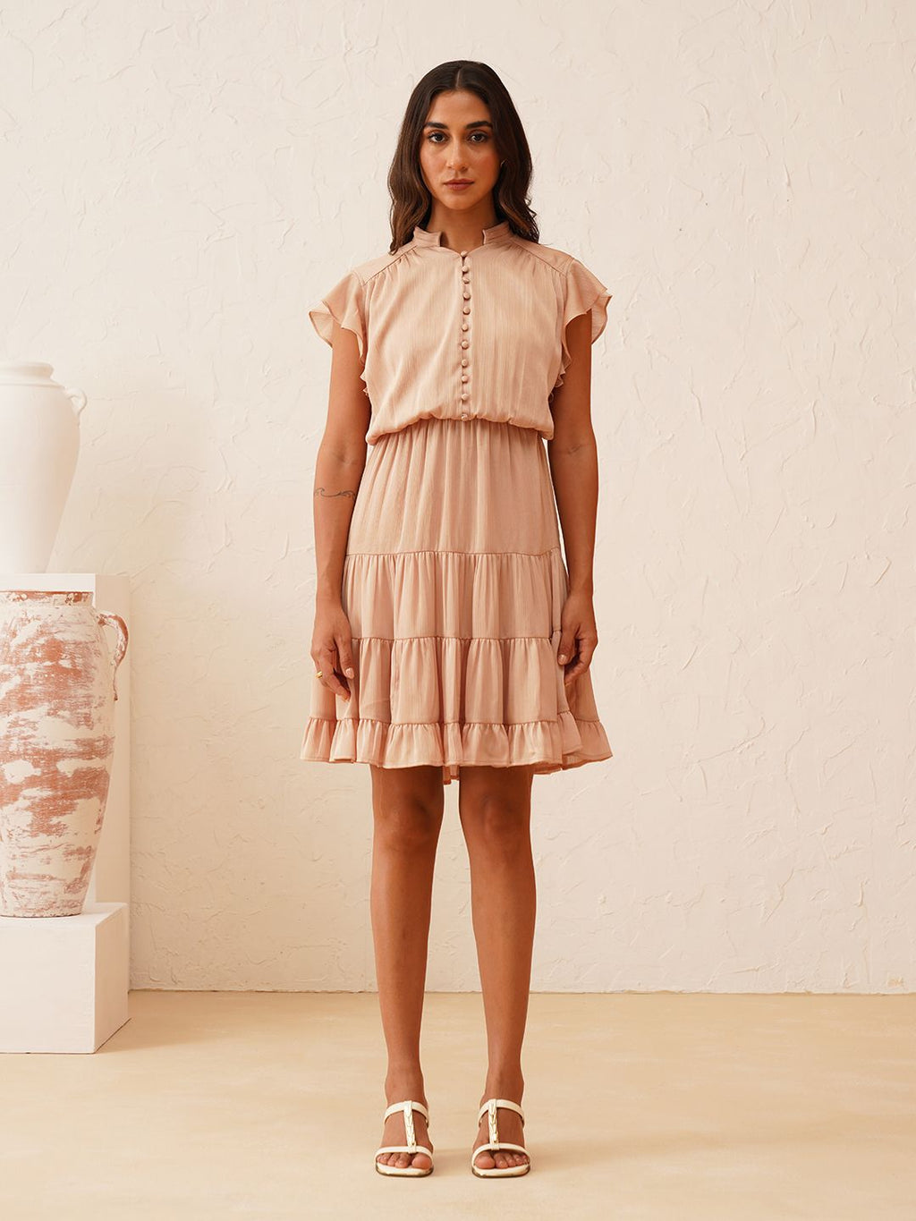 Peach Puff Blouson Round Neck Dress Beatnik