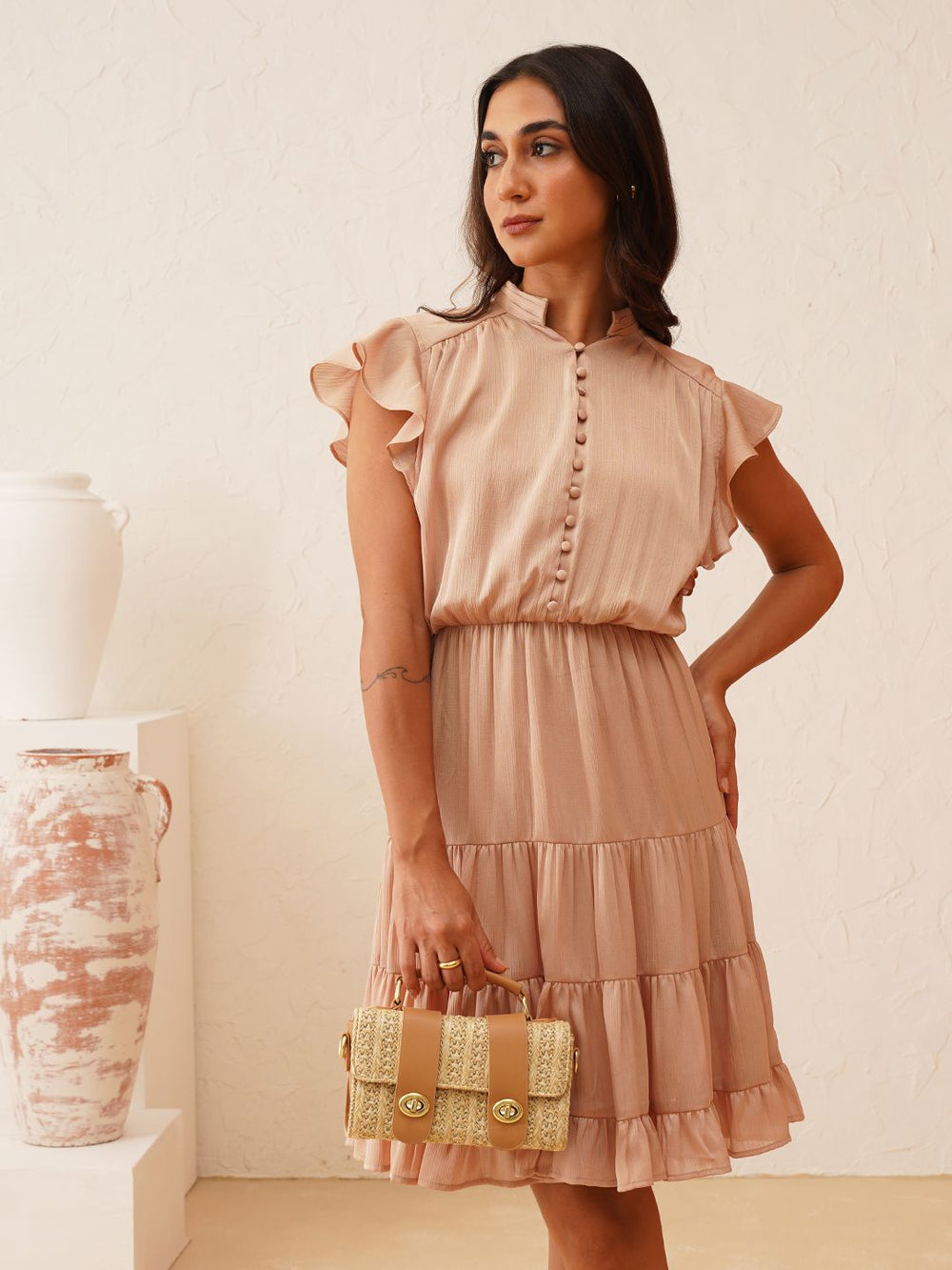 Peach Puff Blouson Round Neck Dress Beatnik