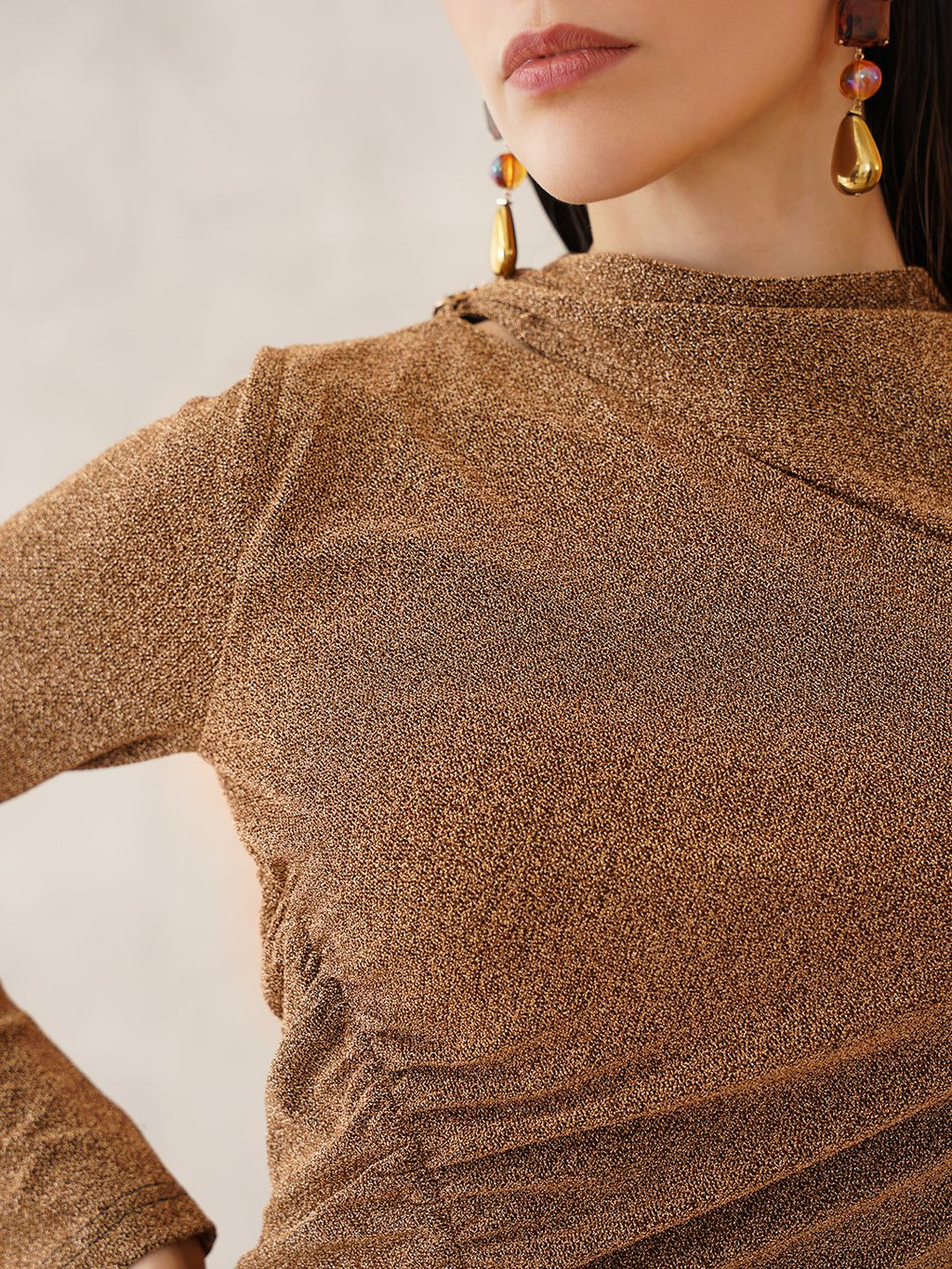 Gold Bodycon Attached Scarf Neck Dress Beatnik