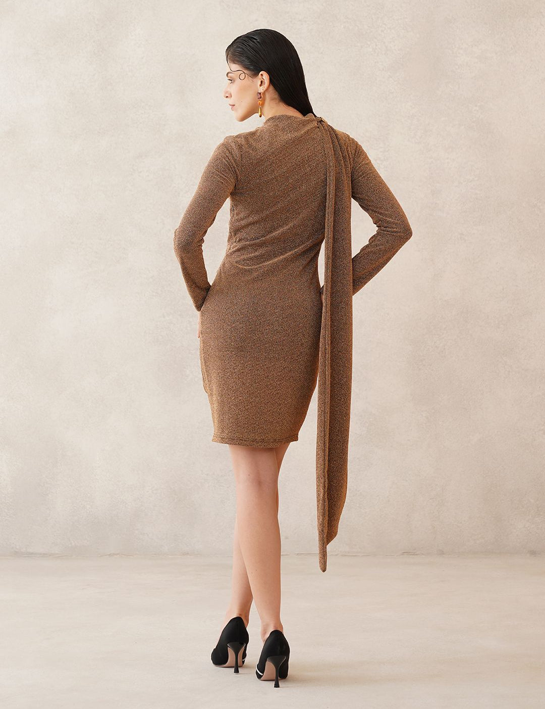 Gold Bodycon Attached Scarf Neck Dress Beatnik