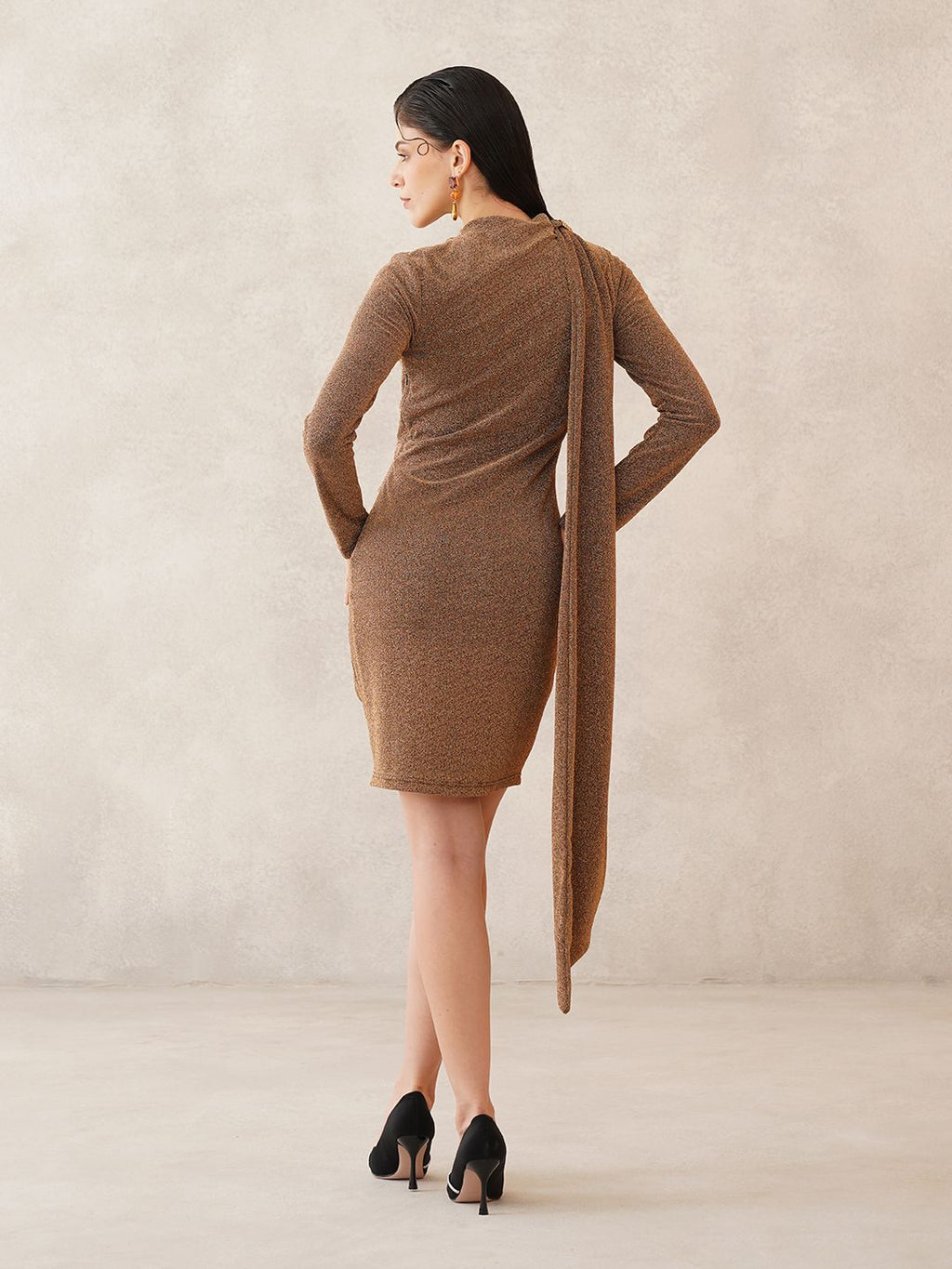 Gold Bodycon Attached Scarf Neck Dress Beatnik