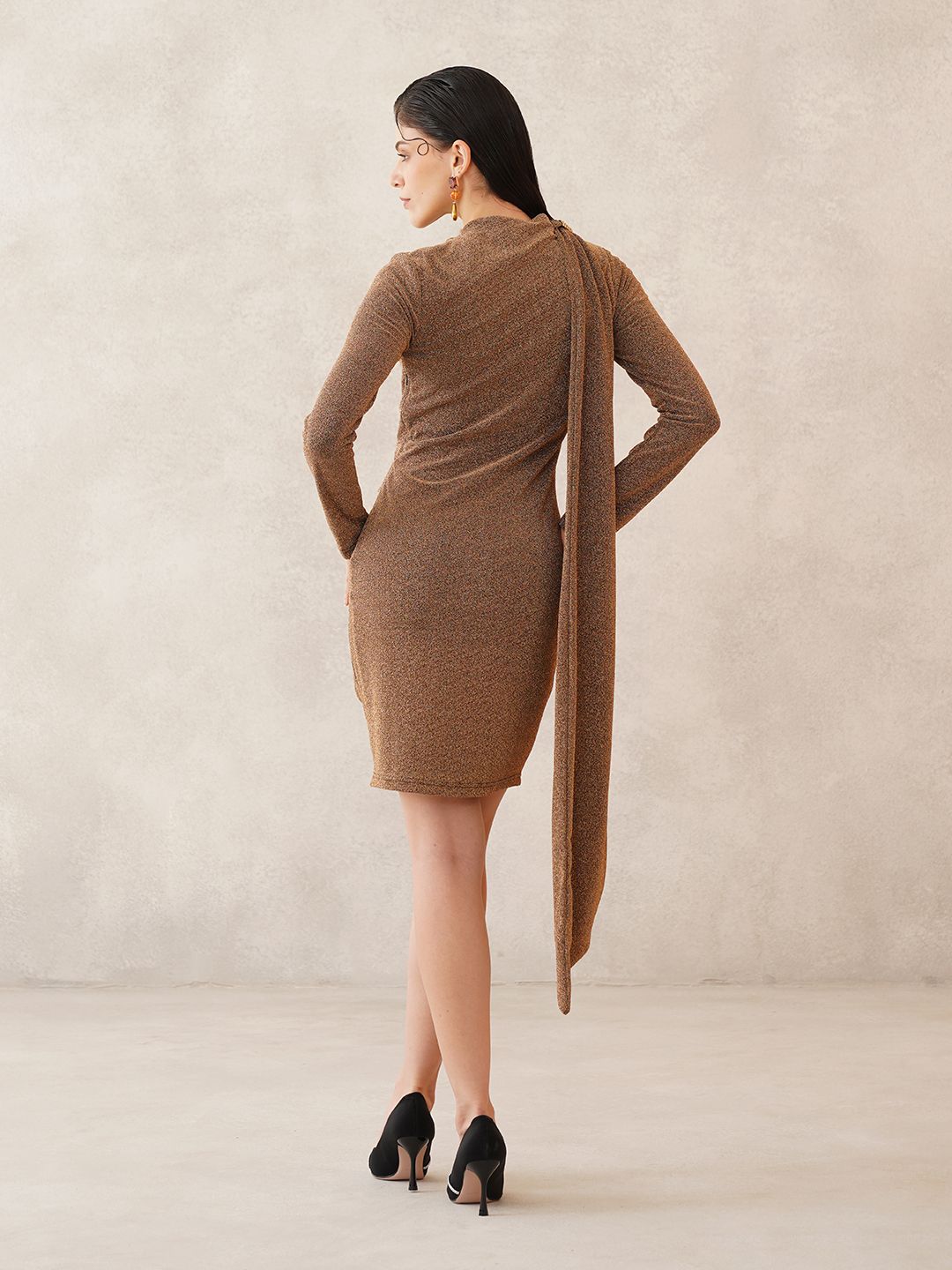 Gold Bodycon Attached Scarf Neck Dress Beatnik
