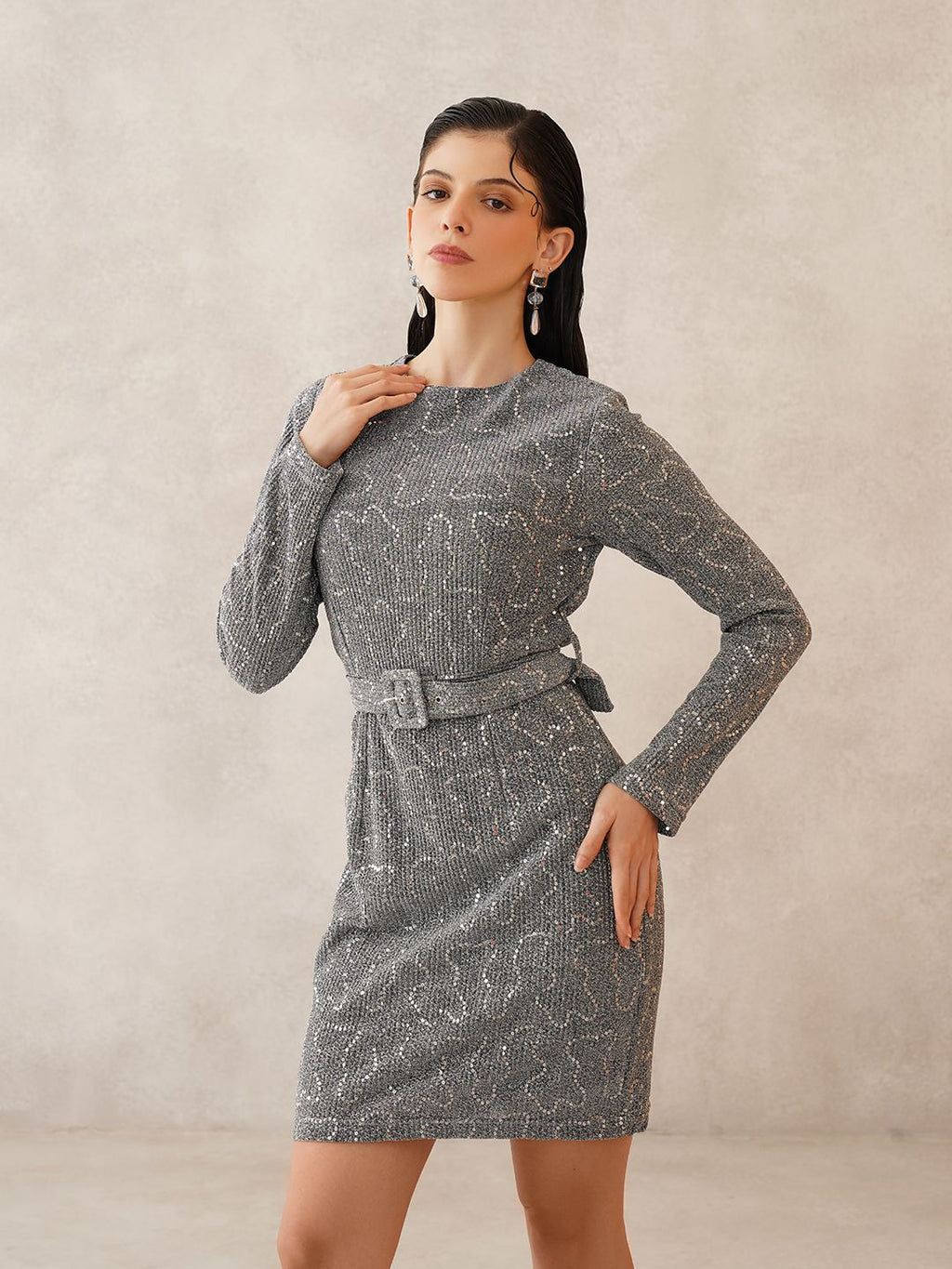 Silver Bodycon Round Neck Dress Beatnik