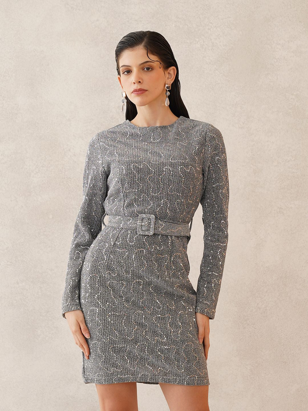 Silver Bodycon Round Neck Dress Beatnik