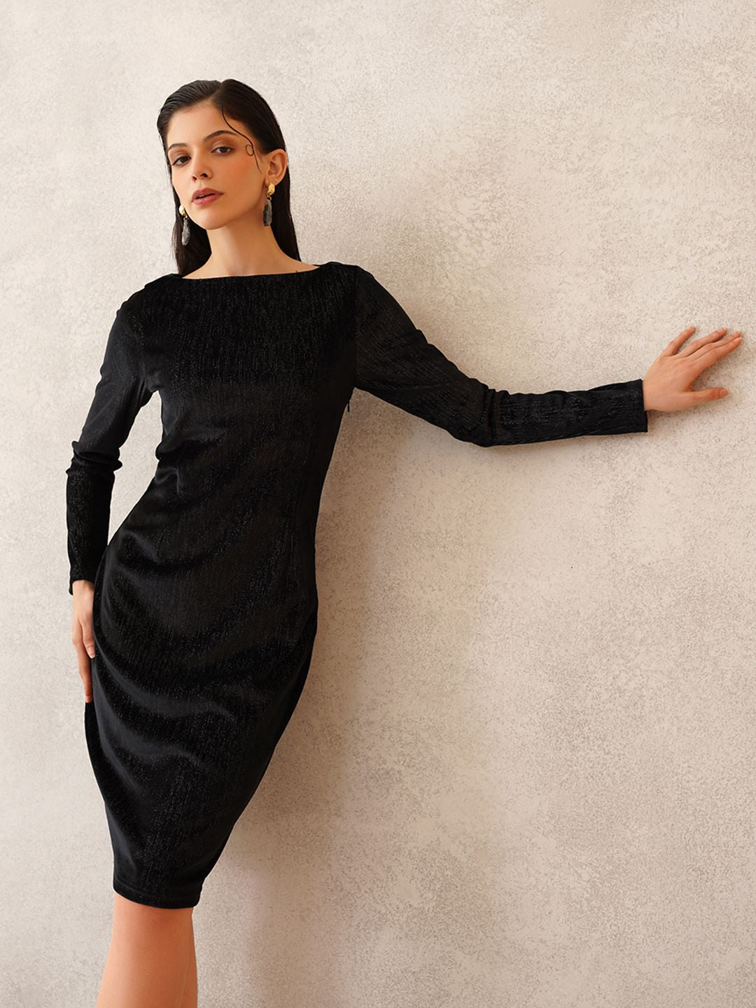 Black Bodycon Boat Neck Dress Beatnik