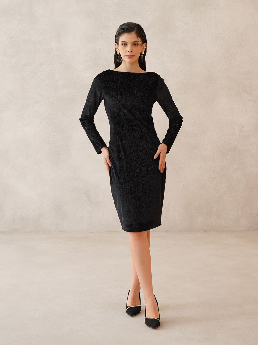 Black Bodycon Boat Neck Dress Beatnik