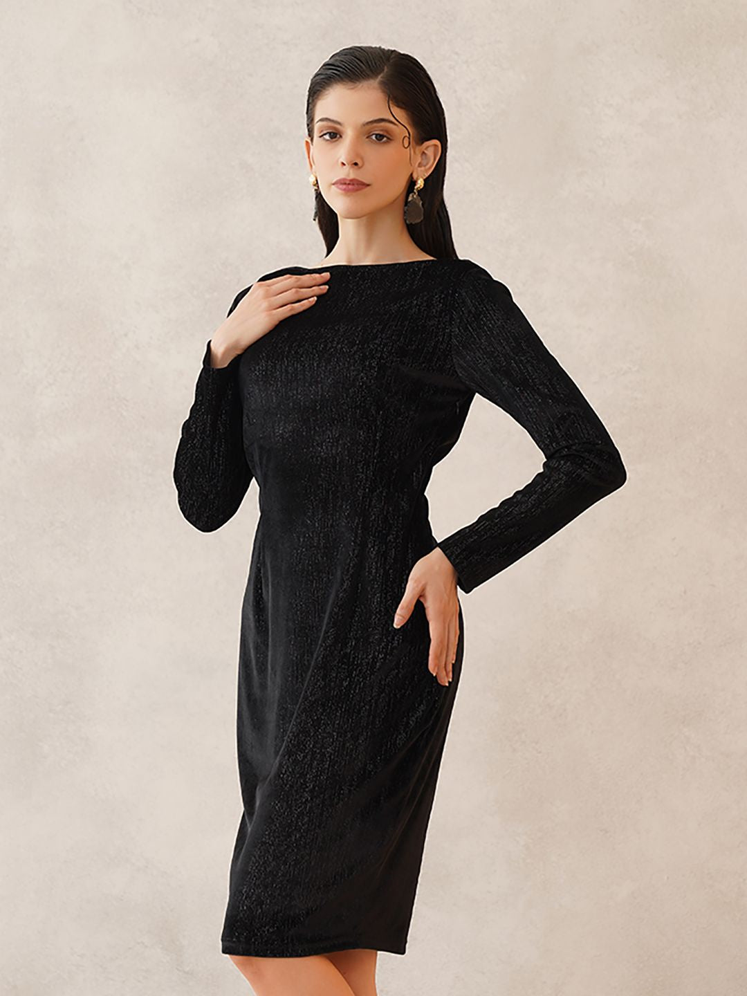 Black Bodycon Boat Neck Dress Beatnik