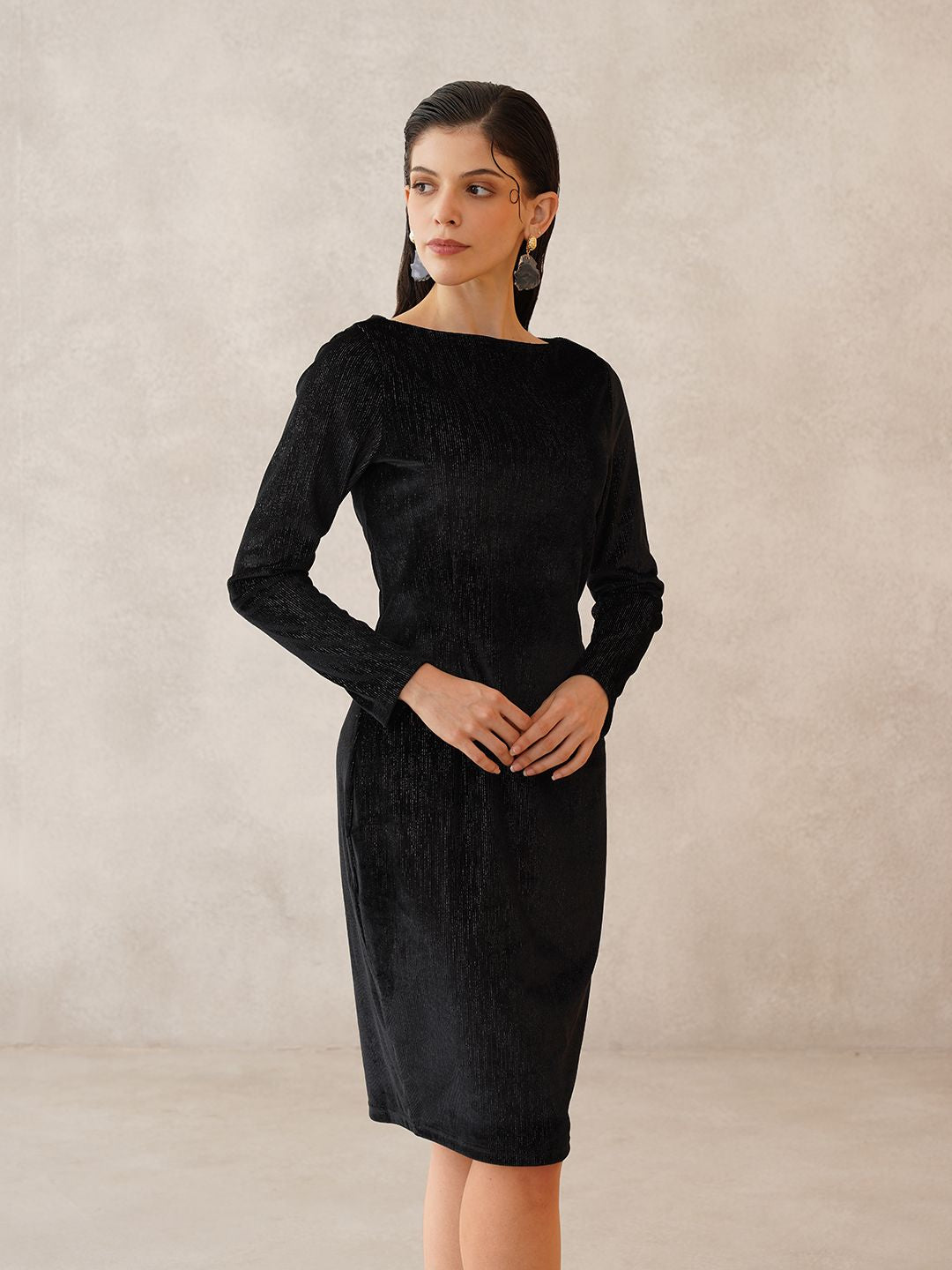Black Bodycon Boat Neck Dress Beatnik