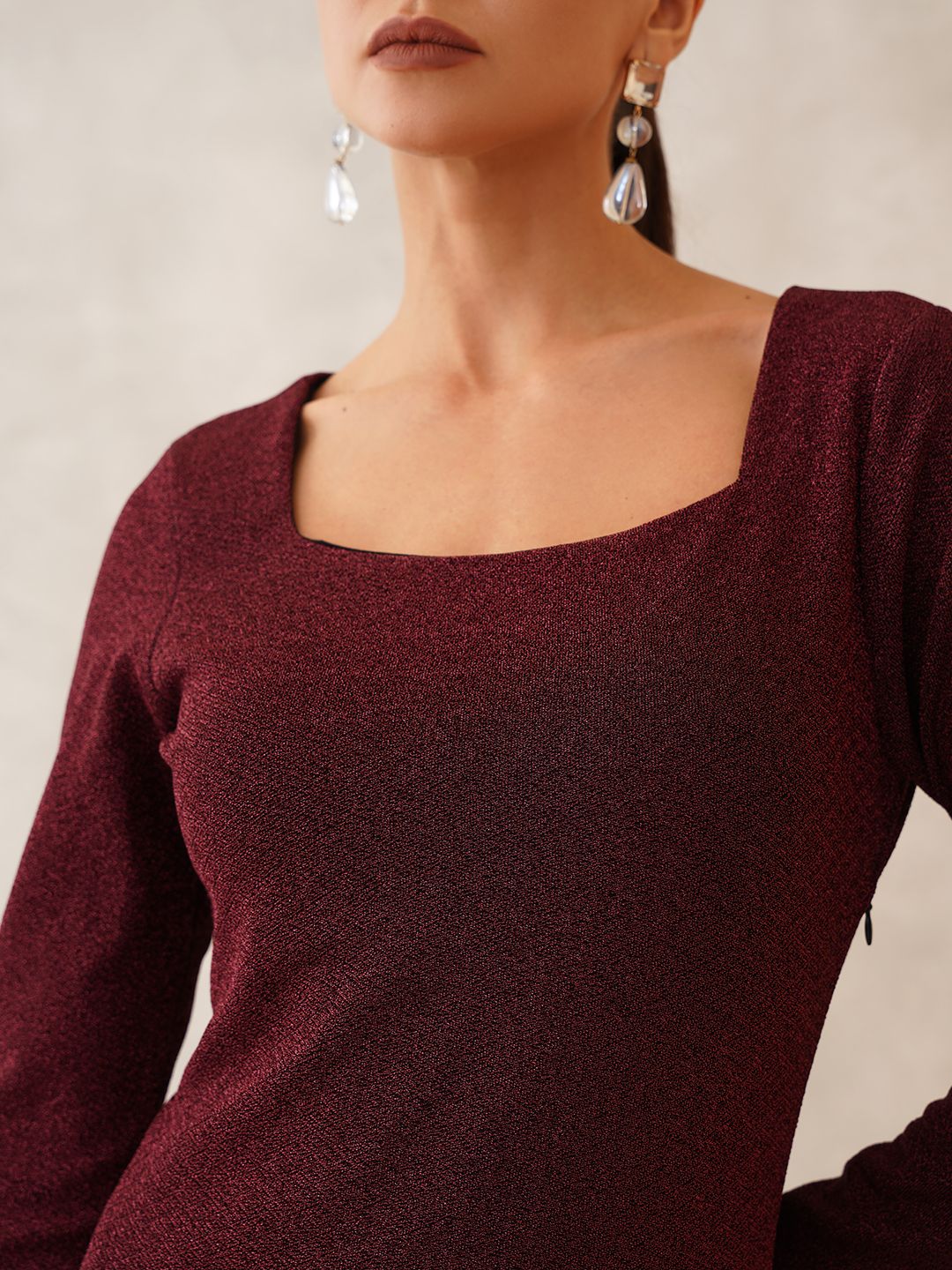 Maroon Sheath Square Neck Dress Beatnik