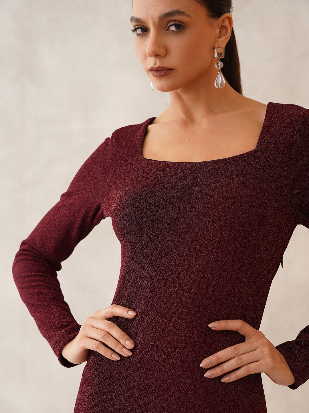 Maroon Sheath Square Neck Dress Beatnik