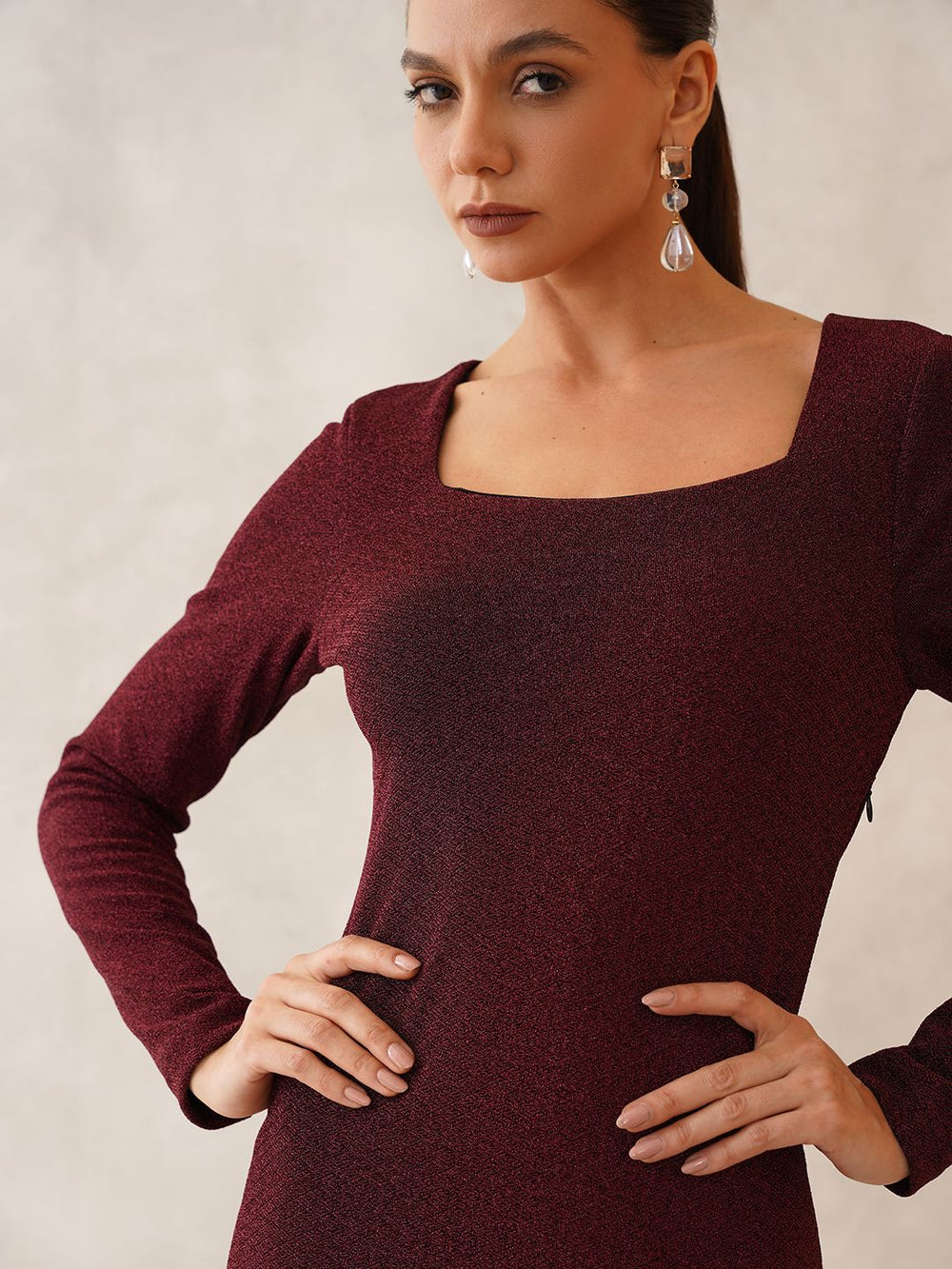 Maroon Sheath Square Neck Dress Beatnik