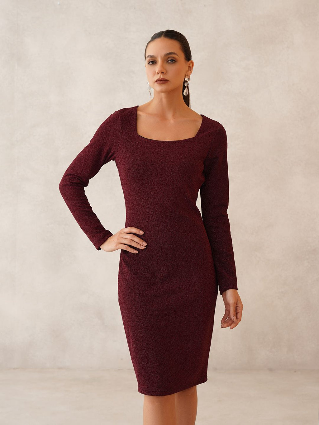 Maroon Sheath Square Neck Dress Beatnik