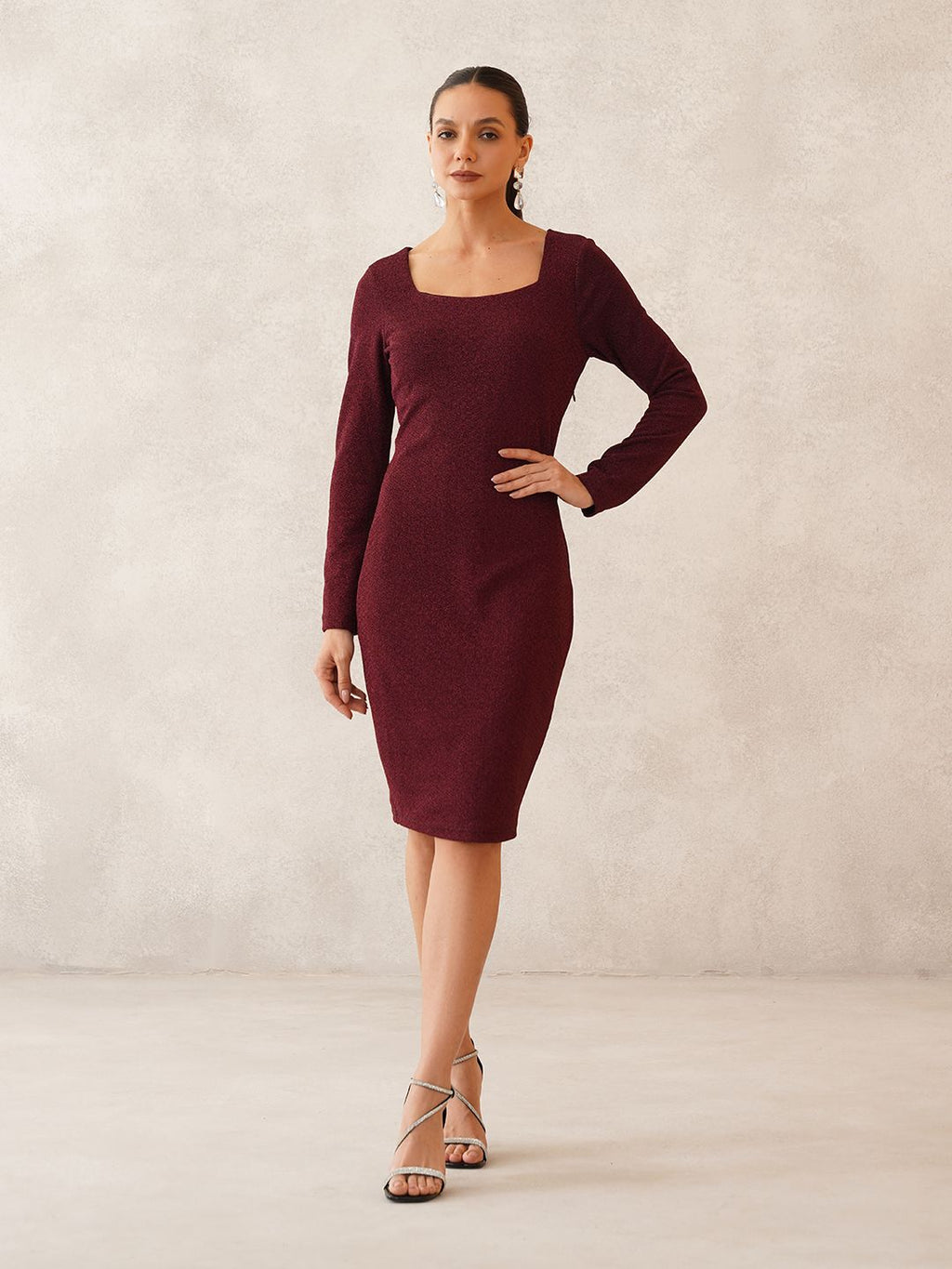 Maroon Sheath Square Neck Dress Beatnik