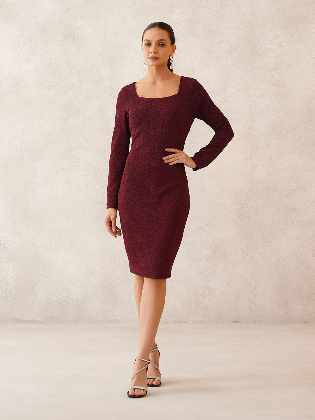 Maroon Sheath Square Neck Dress Beatnik