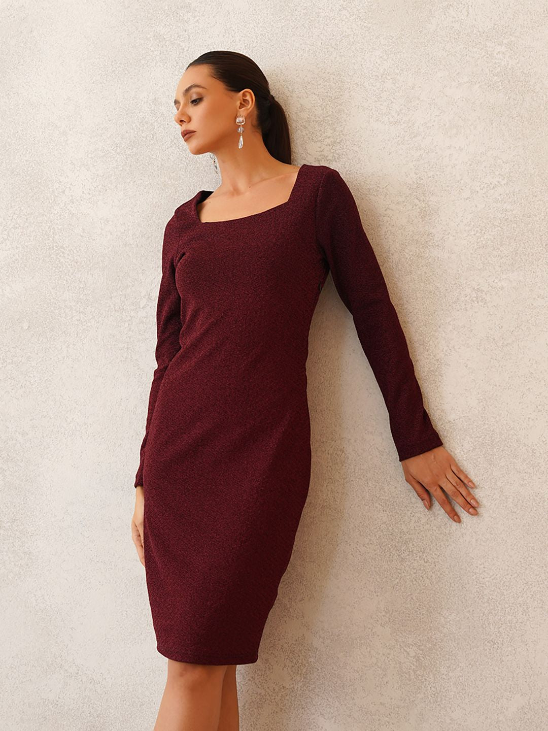 Maroon Sheath Square Neck Dress Beatnik