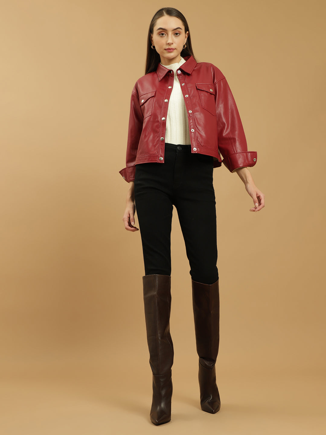 Beatnik Leather Regular Solid Womens Red Jackets Beatnik India