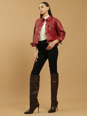 Beatnik Leather Regular Solid Womens Red Jackets Beatnik India