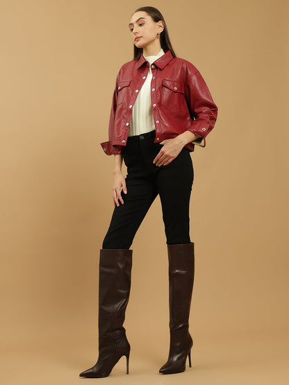 Beatnik Leather Regular Solid Womens Red Jackets Beatnik India