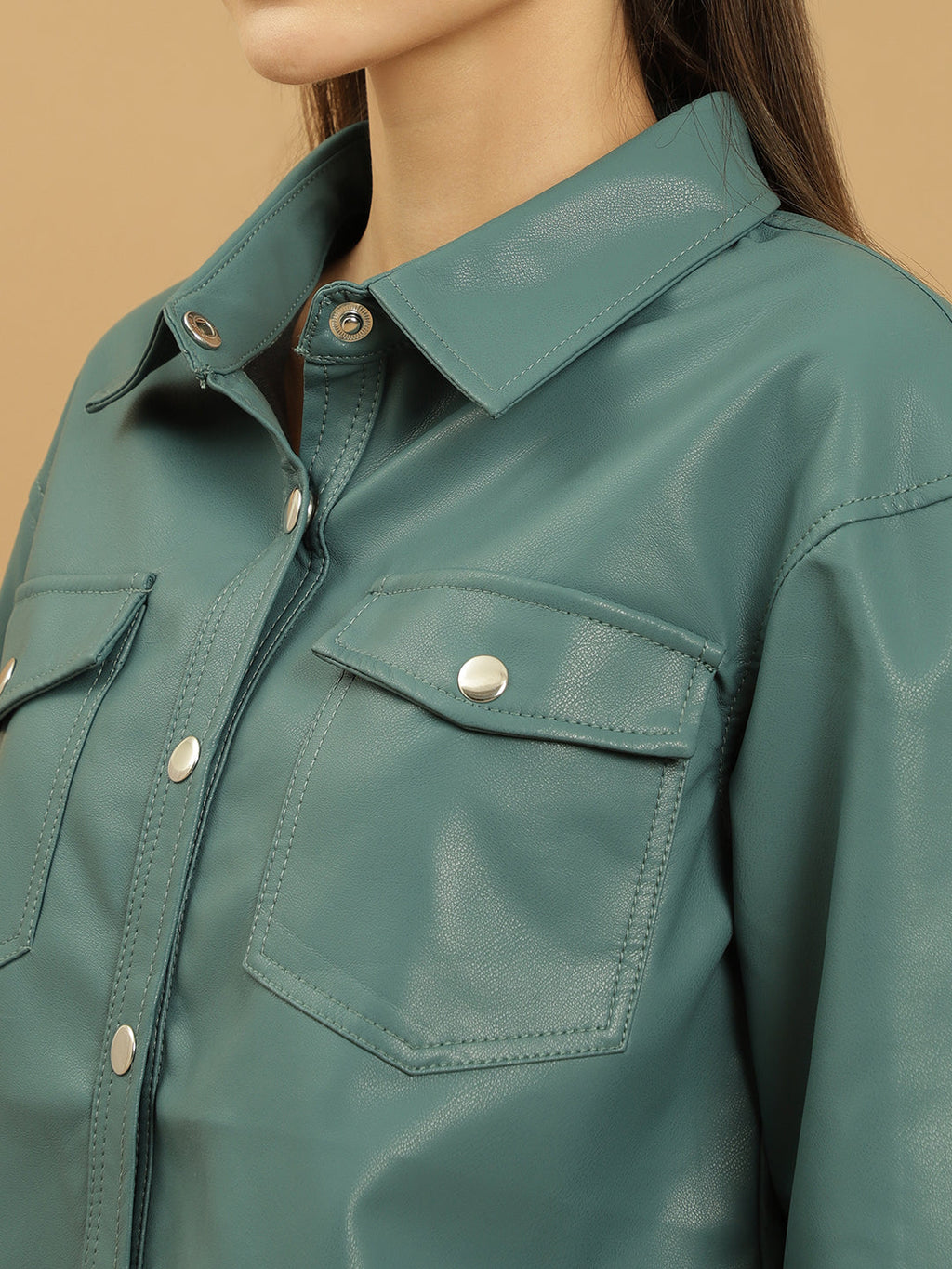 Beatnik Leather Regular Solid Womens Teal Blue Jackets Beatnik India