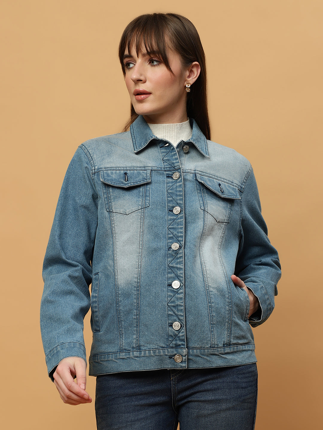 Denim Front Open Double Collar Full Sleeve Jacket Beatnik India