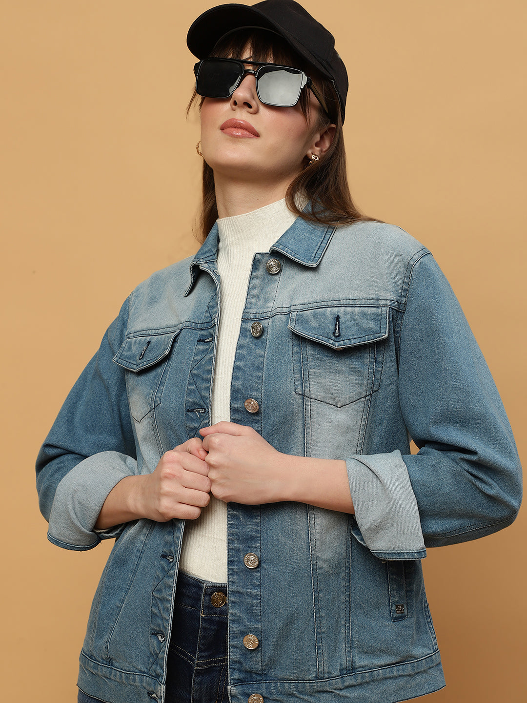 Denim Front Open Double Collar Full Sleeve Jacket Beatnik India