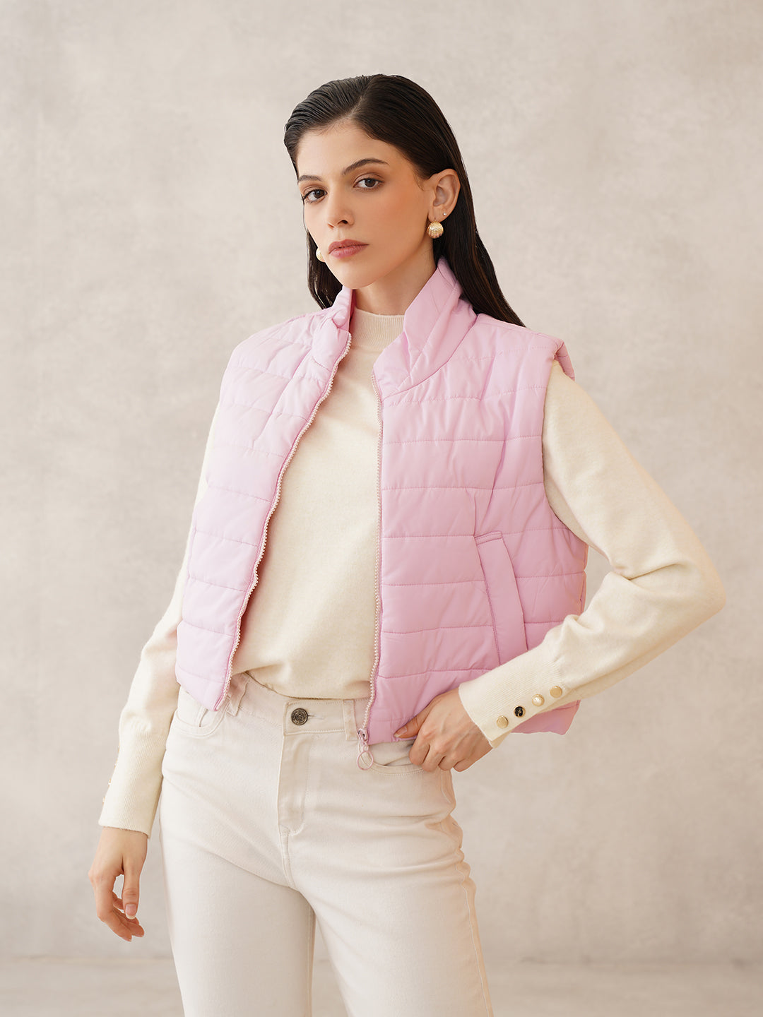 Beatnik Casual Wear Stand Collar Sleeveless Quilting Hip Length Light Pink Jacket Beatnik India