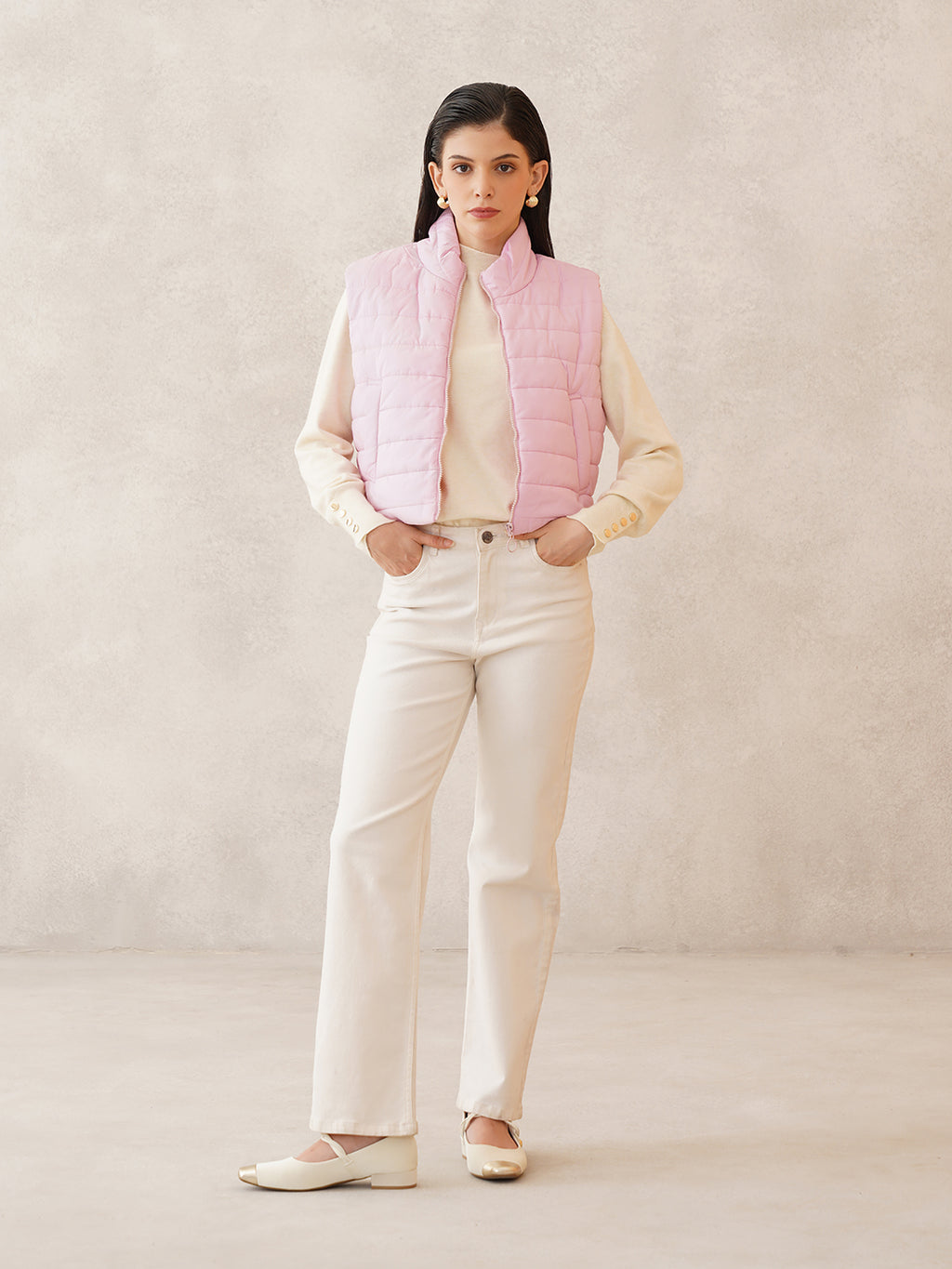 Beatnik Casual Wear Stand Collar Sleeveless Quilting Hip Length Light Pink Jacket Beatnik India