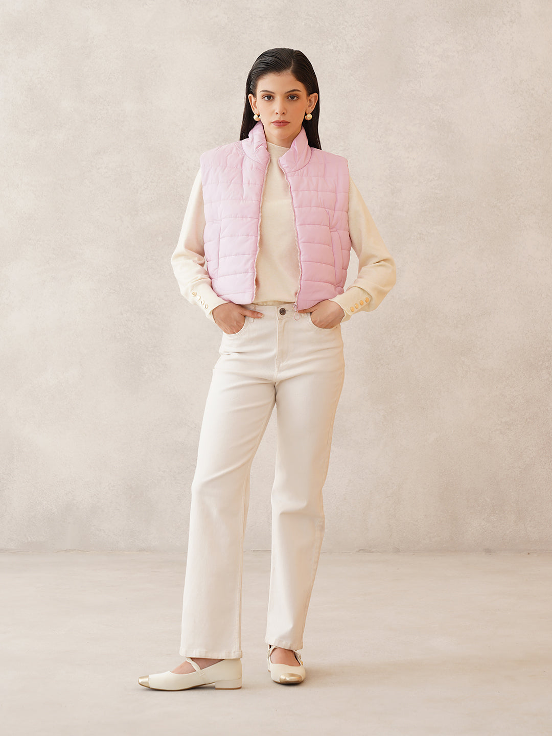 Beatnik Casual Wear Stand Collar Sleeveless Quilting Hip Length Light Pink Jacket Beatnik India