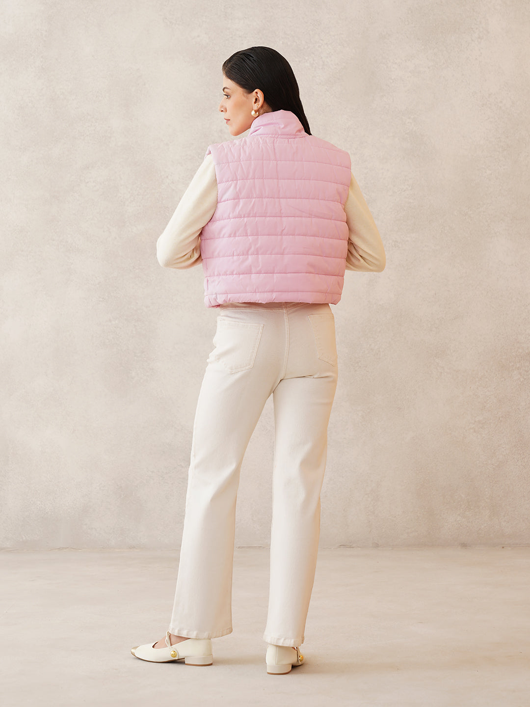 Beatnik Casual Wear Stand Collar Sleeveless Quilting Hip Length Light Pink Jacket Beatnik India