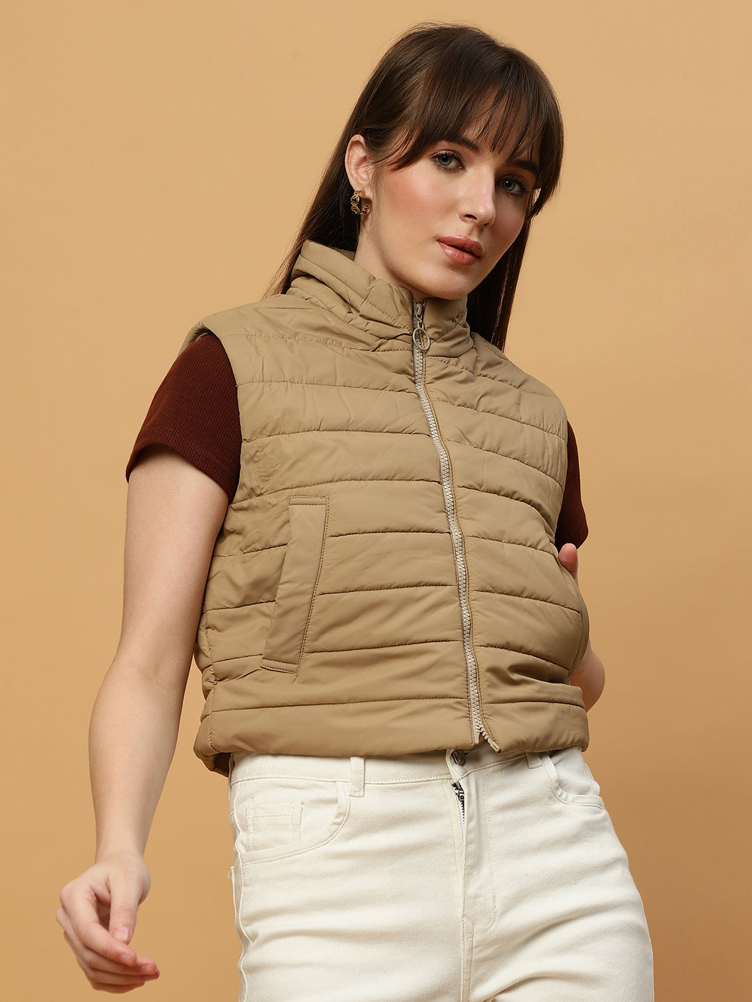 Beatnik Casual Wear Stand Collar Sleeveless Quilting Hip Length Beige Jacket Beatnik India