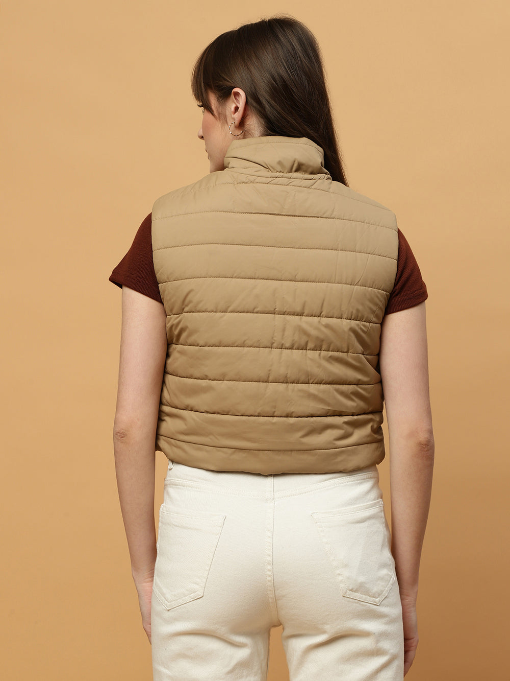 Beatnik Casual Wear Stand Collar Sleeveless Quilting Hip Length Beige Jacket Beatnik India