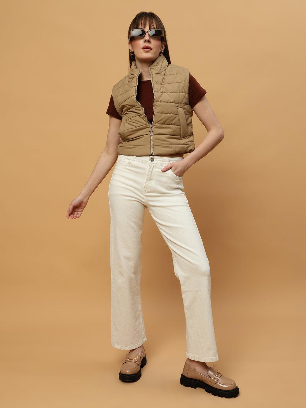 Beatnik Casual Wear Stand Collar Sleeveless Quilting Hip Length Beige Jacket Beatnik India
