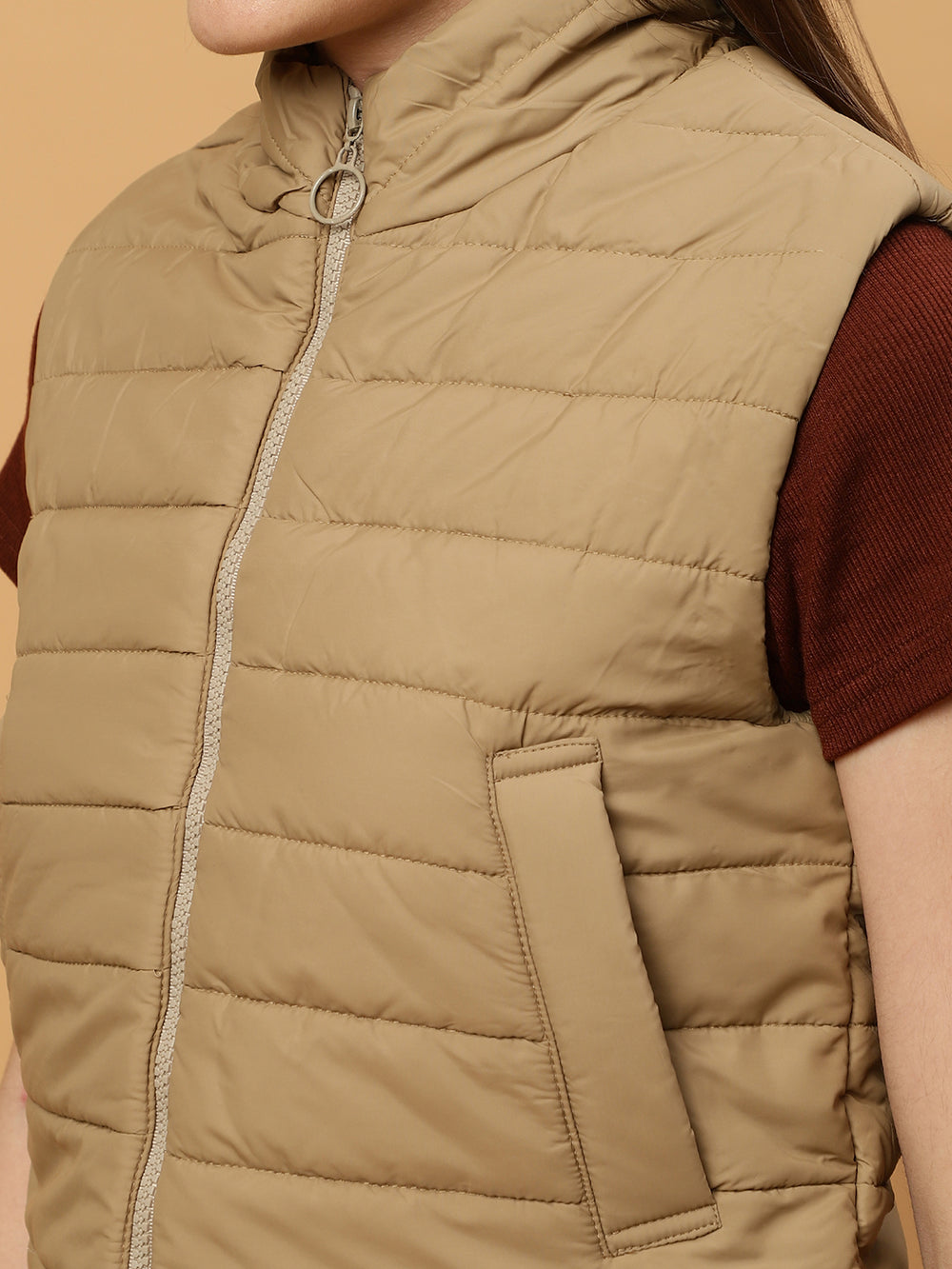 Beatnik Casual Wear Stand Collar Sleeveless Quilting Hip Length Beige Jacket Beatnik India