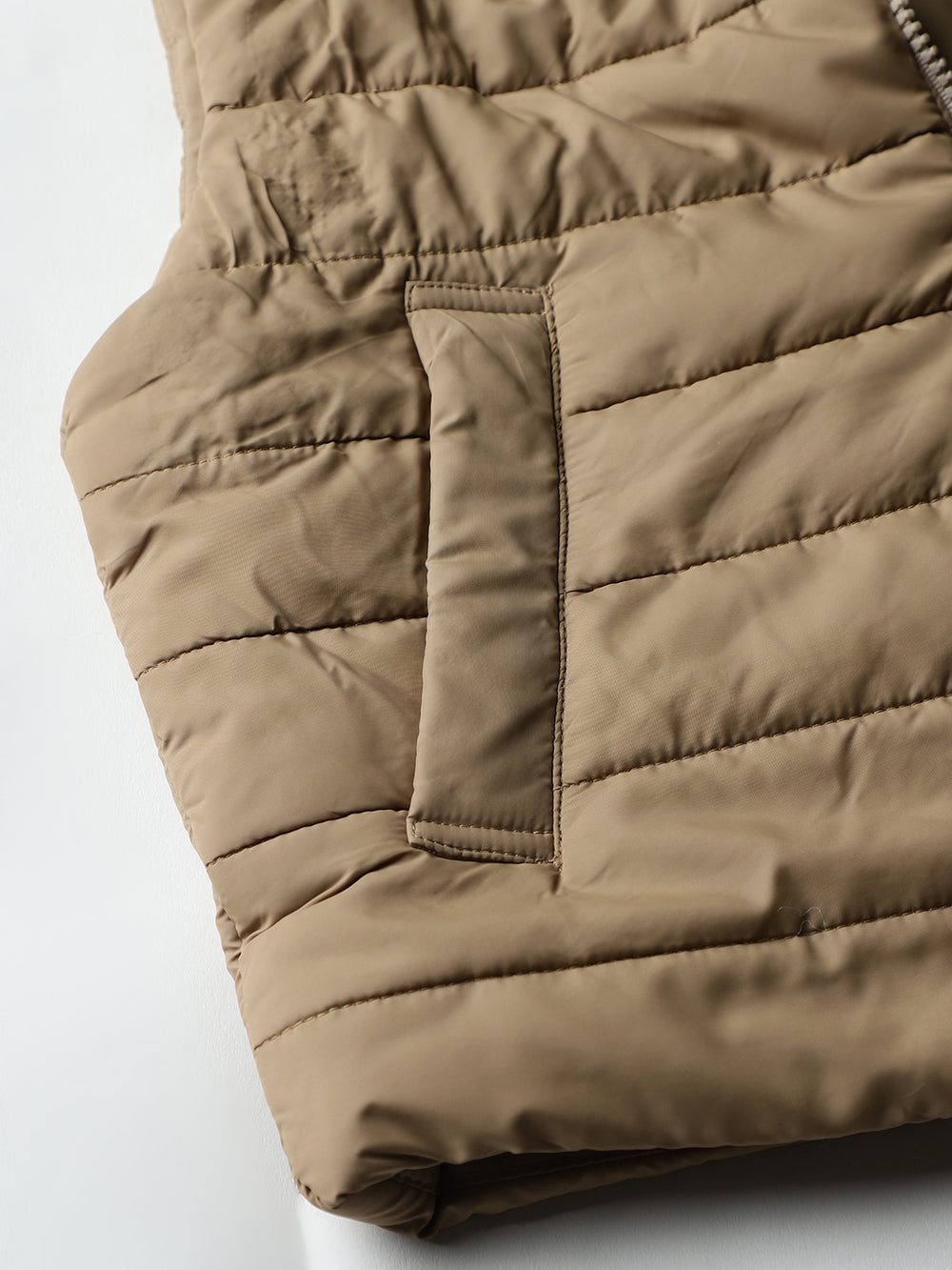Beatnik Casual Wear Stand Collar Sleeveless Quilting Hip Length Beige Jacket Beatnik India