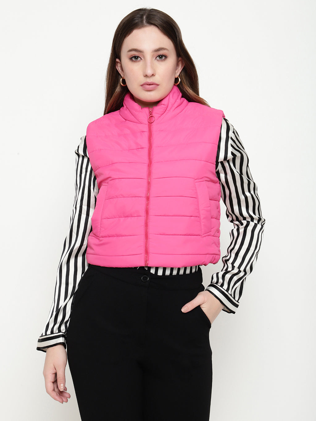Beatnik Casual Wear Stand Collar Sleeveless Quilting Hip Length Fuchsia Jacket Beatnik India