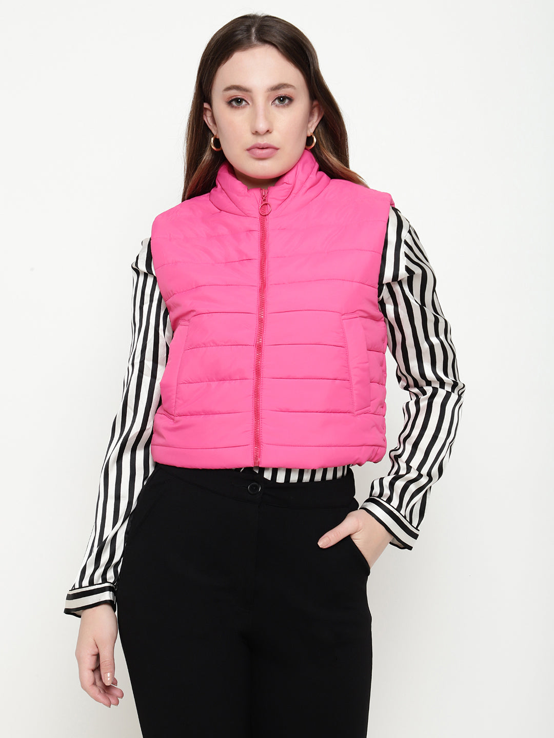 Beatnik Casual Wear Stand Collar Sleeveless Quilting Hip Length Fuchsia Jacket Beatnik India