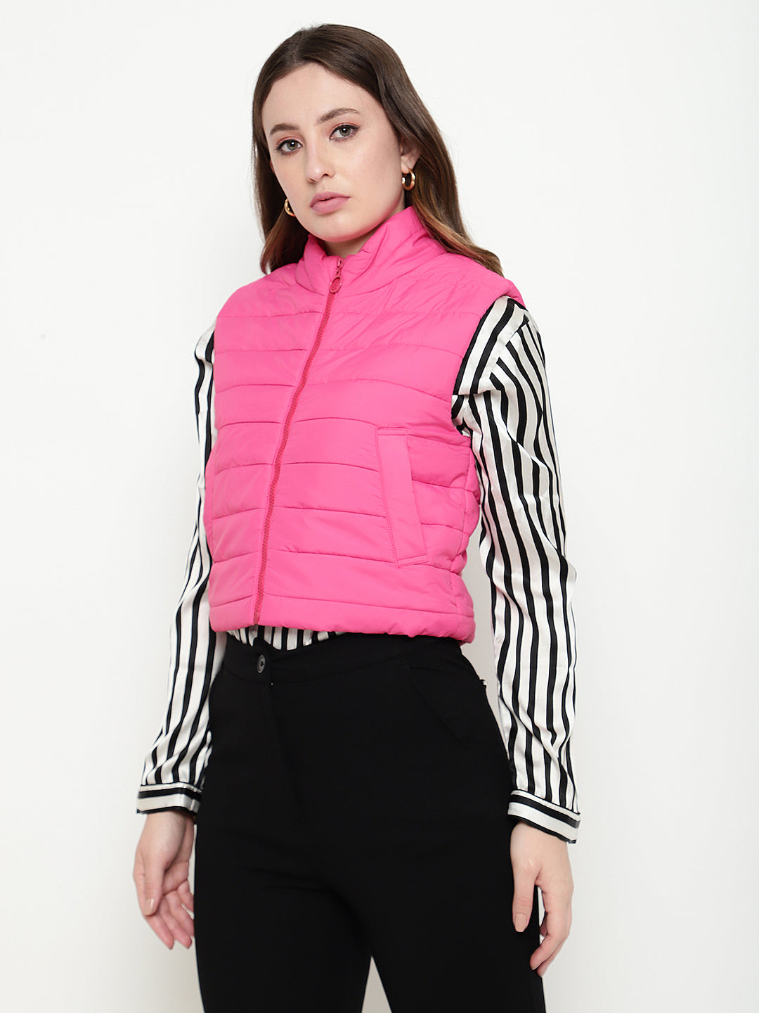 Beatnik Casual Wear Stand Collar Sleeveless Quilting Hip Length Fuchsia Jacket Beatnik India