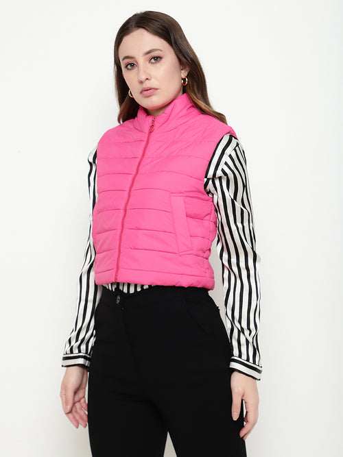 Beatnik Casual Wear Stand Collar Sleeveless Quilting Hip Length Fuchsia Jacket Beatnik India
