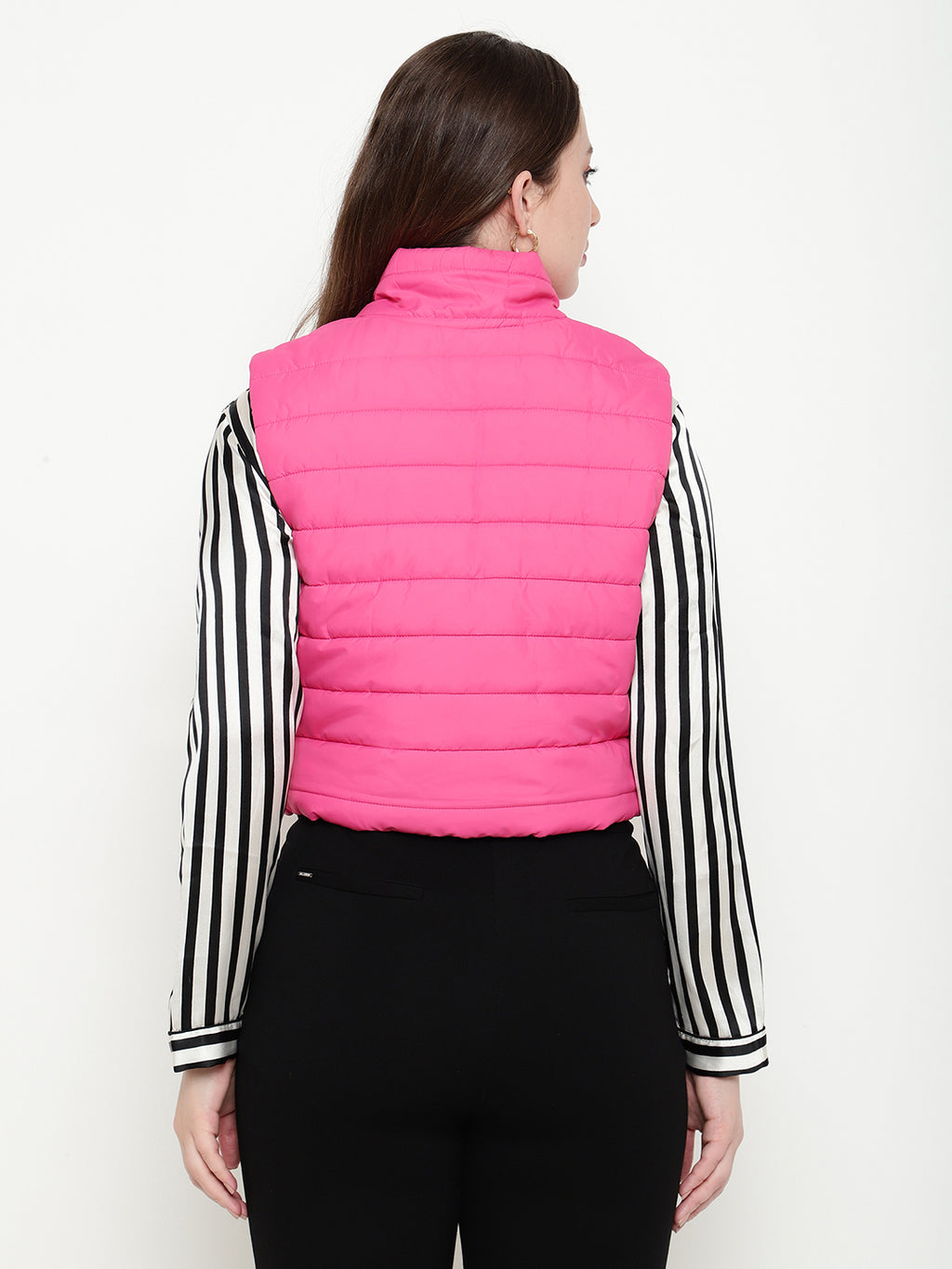 Beatnik Casual Wear Stand Collar Sleeveless Quilting Hip Length Fuchsia Jacket Beatnik India
