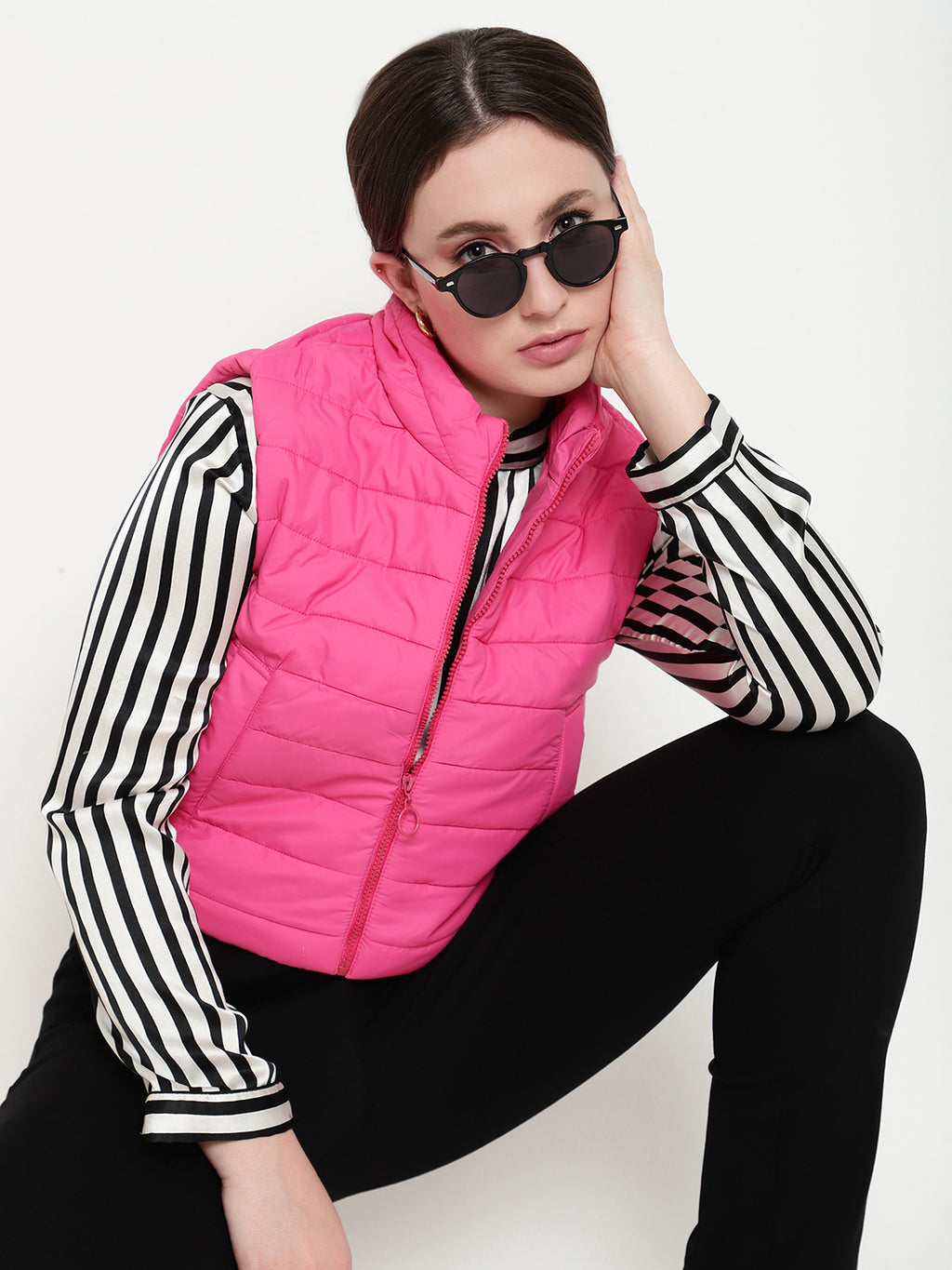 Beatnik Casual Wear Stand Collar Sleeveless Quilting Hip Length Fuchsia Jacket Beatnik India