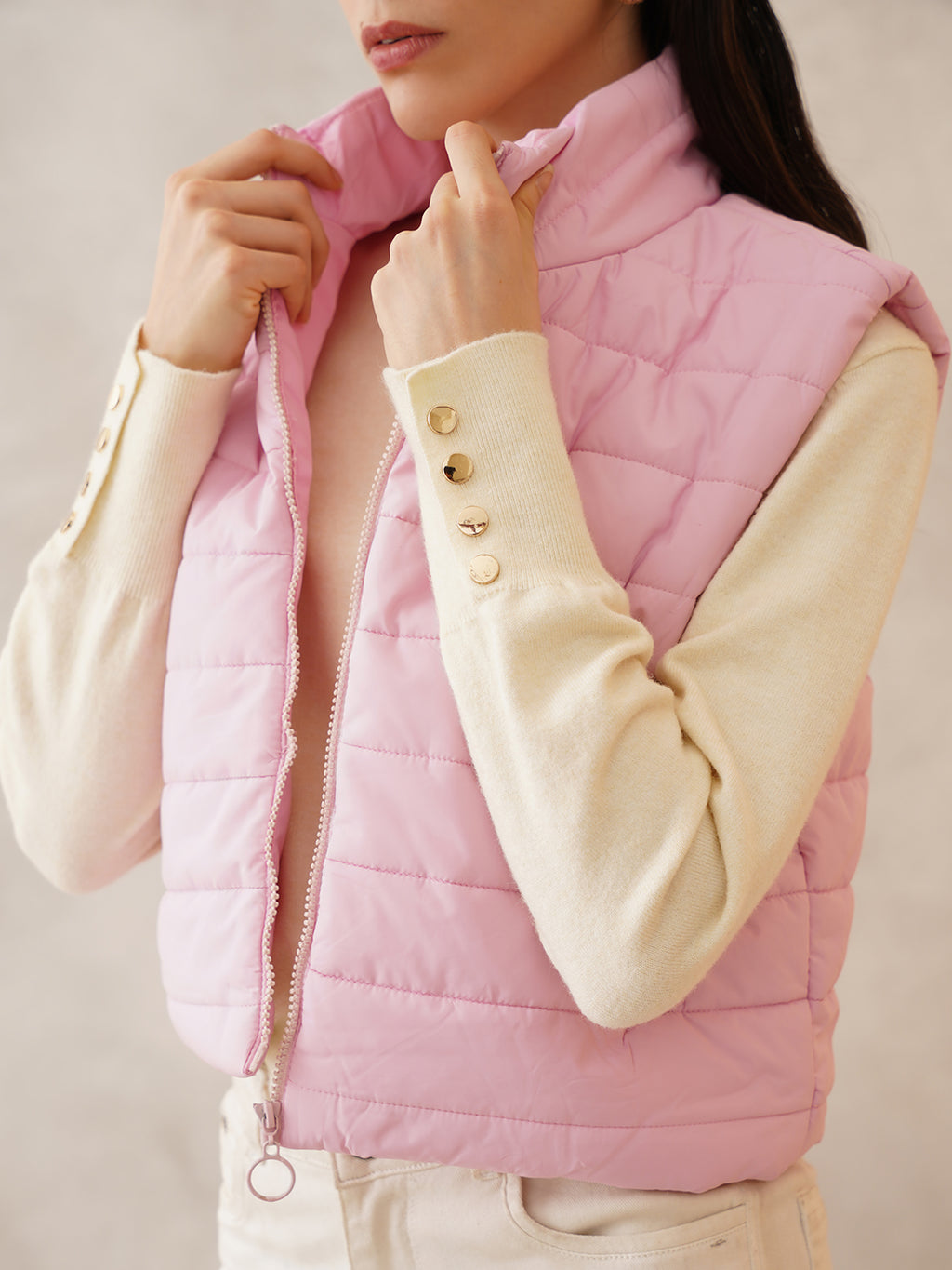 Beatnik Casual Wear Stand Collar Sleeveless Quilting Hip Length Light Pink Jacket