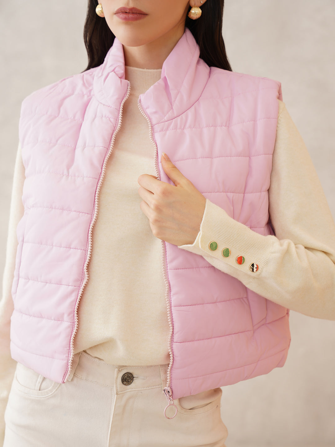 Beatnik Casual Wear Stand Collar Sleeveless Quilting Hip Length Light Pink Jacket
