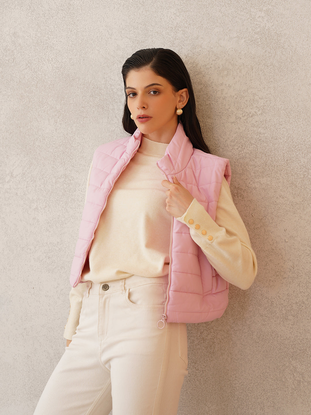 Beatnik Casual Wear Stand Collar Sleeveless Quilting Hip Length Light Pink Jacket