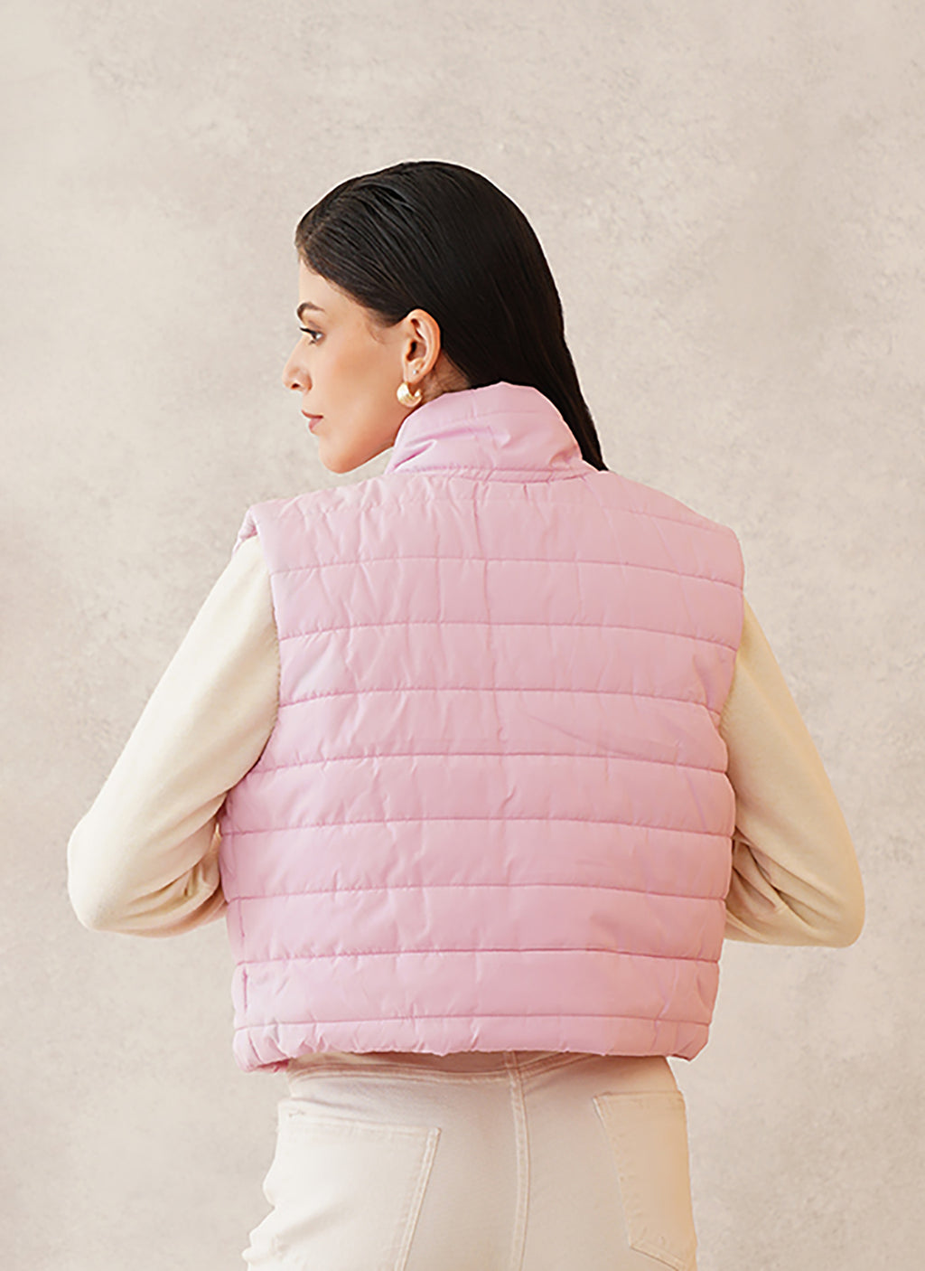 Beatnik Casual Wear Stand Collar Sleeveless Quilting Hip Length Light Pink Jacket