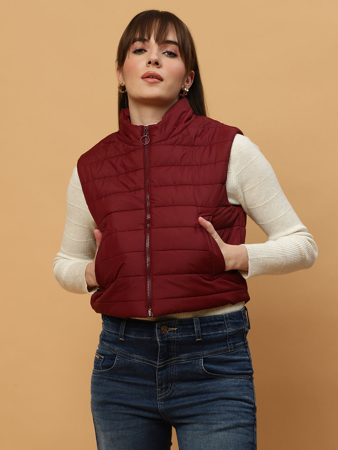 Beatnik Casual Wear Stand Collar Sleeveless Quilting Hip Length Maroon Jacket Beatnik India